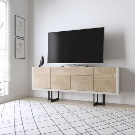 Manhattan Comfort Celine 70.86 Buffet Stand with Push to Open Doors and Steel Legs in Off White and Nude Mosaic Wood