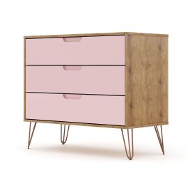 Rockefeller Mid-Century- Modern Dresser with 3-Drawers in Nature and Rose Pink