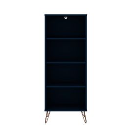 Manhattan Comfort Rockefeller Bookcase 1.0 with 4 Shelves and Metal Legs in Tatiana Midnight Blue