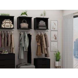 Manhattan Comfort Rockefeller 6-Piece Full Open Closet Wardrobe with 3 Hanging Rods Dresser Nightstand and Shoe Rack in Black