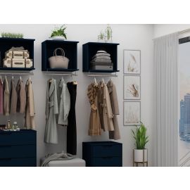 Manhattan Comfort Rockefeller 6-Piece Full Open Closet Wardrobe with 3 Hanging Rods Dresser Nightstand and Shoe Rack in Tatiana Midnight Blue