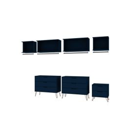 Rockefeller 7-Piece Open Wardrobe with Aluminum Hanging Rods and Dressers in Tatiana Midnight Blue
