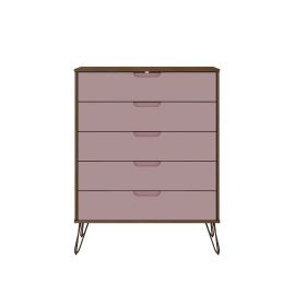Manhattan Comfort Rockefeller 5-Drawer Tall Dresser with Metal Legs in Nature and Rose Pink