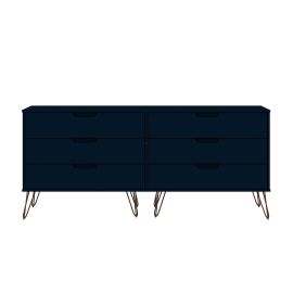 Manhattan Comfort Rockefeller 6-Drawer Double Low Dresser with Metal Legs in Tatiana Midnight Blue