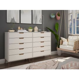Manhattan Comfort Rockefeller 10-Drawer Double Tall Dresser with Metal Legs in Off White and Nature