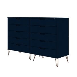 Manhattan Comfort Rockefeller 10-Drawer Double Tall Dresser with Metal Legs in Tatiana Midnight Blue