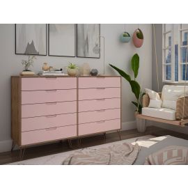 Manhattan Comfort Rockefeller 10-Drawer Double Tall Dresser with Metal Legs in Nature and Rose Pink