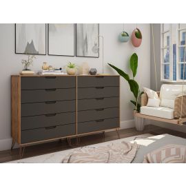 Manhattan Comfort Rockefeller 10-Drawer Double Tall Dresser with Metal Legs in Nature and Textured Grey