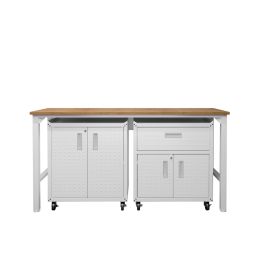 3-Piece Fortress Mobile Space-Saving Garage Cabinet and Worktable 2.0 in White
