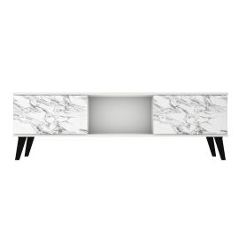 Manhattan Comfort Doyers 62.20 Mid-Century Modern TV Stand in White and Marble Stamp
