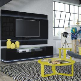 Manhattan Comfort Vanderbilt TV Stand and Cabrini 2.2 Floating Wall TV Panel with LED Lights in Black Gloss, and Black Matte,
