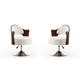 Manhattan Comfort Bopper White and Polished Chrome Faux Leather Adjustable Height Swivel Accent Chair (Set of 2)