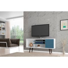 Manhattan Comfort Liberty 53.14" Mid-Century Modern TV Stand with 5 Shelves and 1 Door in White and Aqua Blue with Solid Wood Legs