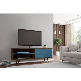 Manhattan Comfort Liberty 62.99" Mid-Century Modern TV Stand with 3 Shelves and 2 Doors in Rustic Brown and Aqua Blue with Solid Wood Legs