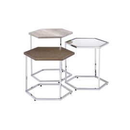 ACME Simno Nesting Tables, Clear Glass, Taupe, Gray Washed & Chrome Finish 