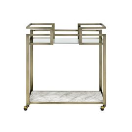 ACME Neilo Serving Cart in Clear Glass, Faux Marble & Wire Brass Finish