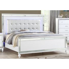 Galaxy Sterling Full Size Upholstered LED Bed made with wood in White Color