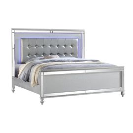 Galaxy Sterling Queen Size Upholstered LED Bed made with wood in Silver Color