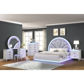 Galaxy Perla Queen Size LED Bed Made with Wood in Milky White