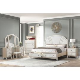Galaxy Tiffany Queen 6 PC Bedroom set made with wood in Ivory & Champagne Gold
