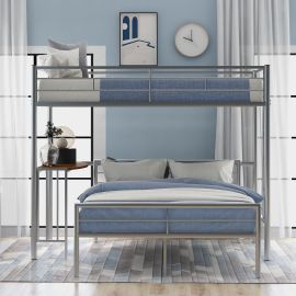 Lucky Furniture Twin Over Full Metal Bunk Bed with Desk, Ladder and Quality Slats for Bedroom, Metallic Silver