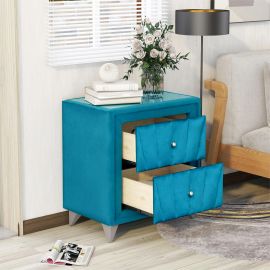 Lucky Furniture Upholstered Wooden Nightstand with Two Drawers ,Bedside Table with Velvet Fabric and Glass Worktop - Lake Blue