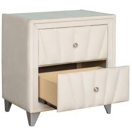 Lucky Furniture Upholstered Wooden Nightstand with Two Drawers ,Bedside Table with Velvet Fabric and Glass Worktop - Beige