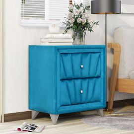 Upholstered, Wood,en Nightstand with Two Drawers ,Bedside Table with Velvet, Fabric, and Glass Worktop - Lake Blue