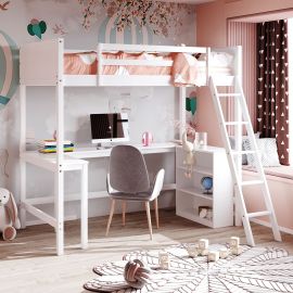 Lucky Furniture Twin size Loft Bed with Shelves and Desk, Wooden Loft Bed with Desk - White