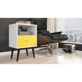 Manhattan Comfort Liberty Mid-Century Modern Nightstand 1.0 with 1 Cubby Space and 1 Drawer in White and Yellow with Solid Wood Legs