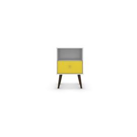 Manhattan Comfort Liberty Mid-Century Modern Nightstand 1.0 with 1 Cubby Space and 1 Drawer in White and Yellow with Solid Wood Legs