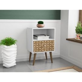 Manhattan Comfort Liberty Mid-Century Modern Nightstand 1.0 with 1 Cubby Space and 1 Drawer in White and 3D Brown Prints