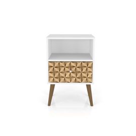Manhattan Comfort Liberty Mid-Century Modern Nightstand 1.0 with 1 Cubby Space and 1 Drawer in White and 3D Brown Prints