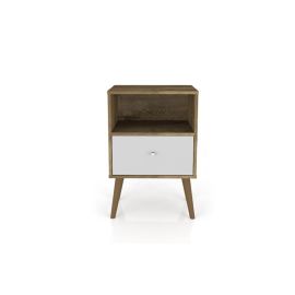 Manhattan Comfort Liberty Mid-Century Modern Nightstand 1.0 with 1 Cubby Space and 1 Drawer in Rustic Brown and White