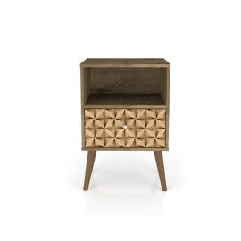 Manhattan Comfort Liberty Mid-Century Modern Nightstand 1.0 with 1 Cubby Space and 1 Drawer in Rustic Brown and 3D Brown Prints