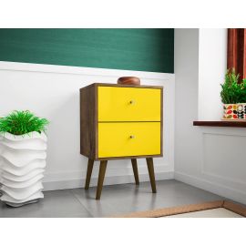 Manhattan Comfort Liberty Mid-Century Modern Nightstand 2.0 with 2 Full Extension Drawers in Rustic Brown and Yellow