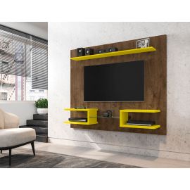Manhattan Comfort Plaza 64.25 Modern Floating Wall Entertainment Center with Display Shelves in Rustic Brown and Yellow