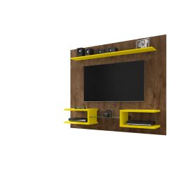 Manhattan Comfort Plaza 64.25 Modern Floating Wall Entertainment Center with Display Shelves in Rustic Brown and Yellow