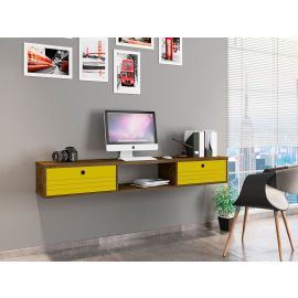 Manhattan Comfort Liberty 62.99 Mid-Century Modern Floating Office Desk with 3 Shelves in Rustic Brown and Yellow