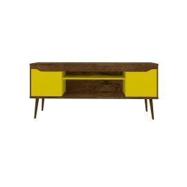 Bradley 62.99 TV Stand Rustic Brown and Yellow with 2 Media Shelves and 2 Storage Shelves in Rustic Brown and Yellow with Solid Wood Legs