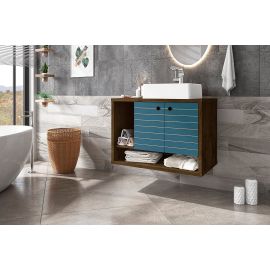 Manhattan Comfort Liberty Floating 31.49 Bathroom Vanity with Sink and 2 Shelves in Rustic Brown and Aqua Blue