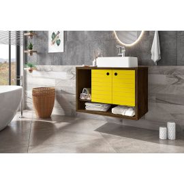 Manhattan Comfort Liberty Floating 31.49 Bathroom Vanity with Sink and 2 Shelves in Rustic Brown and Yellow