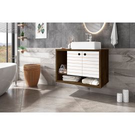 Manhattan Comfort Liberty Floating 31.49 Bathroom Vanity with Sink and 2 Shelves in Rustic Brown and White