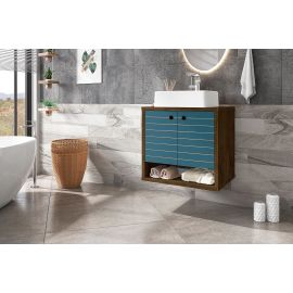 Manhattan Comfort Liberty Floating 23.62 Bathroom Vanity with Sink and 2 Shelves in Rustic Brown and Aqua Blue