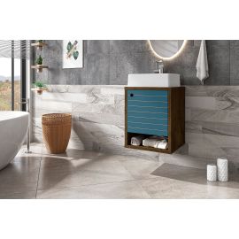 Manhattan Comfort Liberty Floating 17.71 Bathroom Vanity with Sink and Shelf in Rustic Brown and Aqua Blue