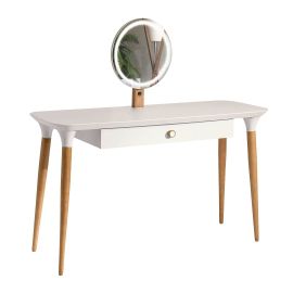 Manhattan Comfort HomeDock Vanity Table with LED Light Mirror and Organization in Off White and Cinnamon