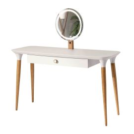 Manhattan Comfort HomeDock Vanity Table with LED Light Mirror and Organization in Off White and Cinnamon