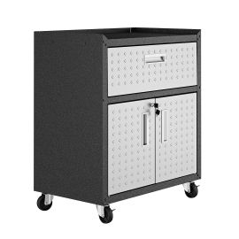 Manhattan Comfort Fortress Textured Metal 31.5" Garage Mobile Cabinet with 1 Full Extension Drawer and 2 Adjustable Shelves in Grey