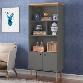 Manhattan Comfort Windsor Modern Display Bookcase Cabinet with 5 Shelves in Grey and Nature
