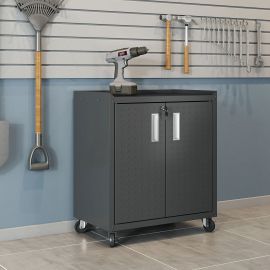 Fortress Textured Metal 31.5" Garage Mobile Cabinet with 2 Adjustable Shelves in Charcoal Grey